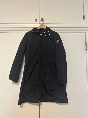 Moncler Navy Blue Hooded Raincoat with Sleeve Logo